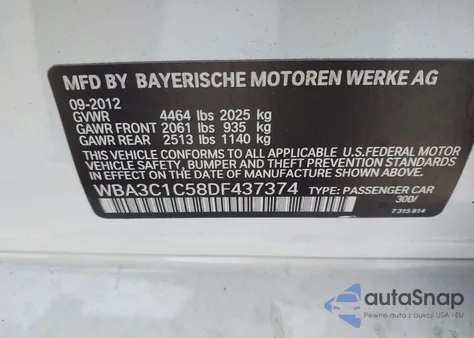 2013 BMW 328I из США, поврежденный, VIN WBA3C1C58DF437374